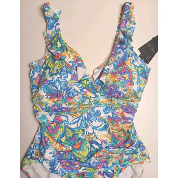 LAUREN Ralph Lauren Swimsuit Sz 14 Ruffle V-neck One Piece Multi Print $160 NWT - Picture 4 of 16